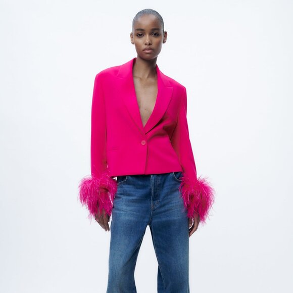 NWT Zara Cropped Pink Feather Blazer - Picture 1 of 6